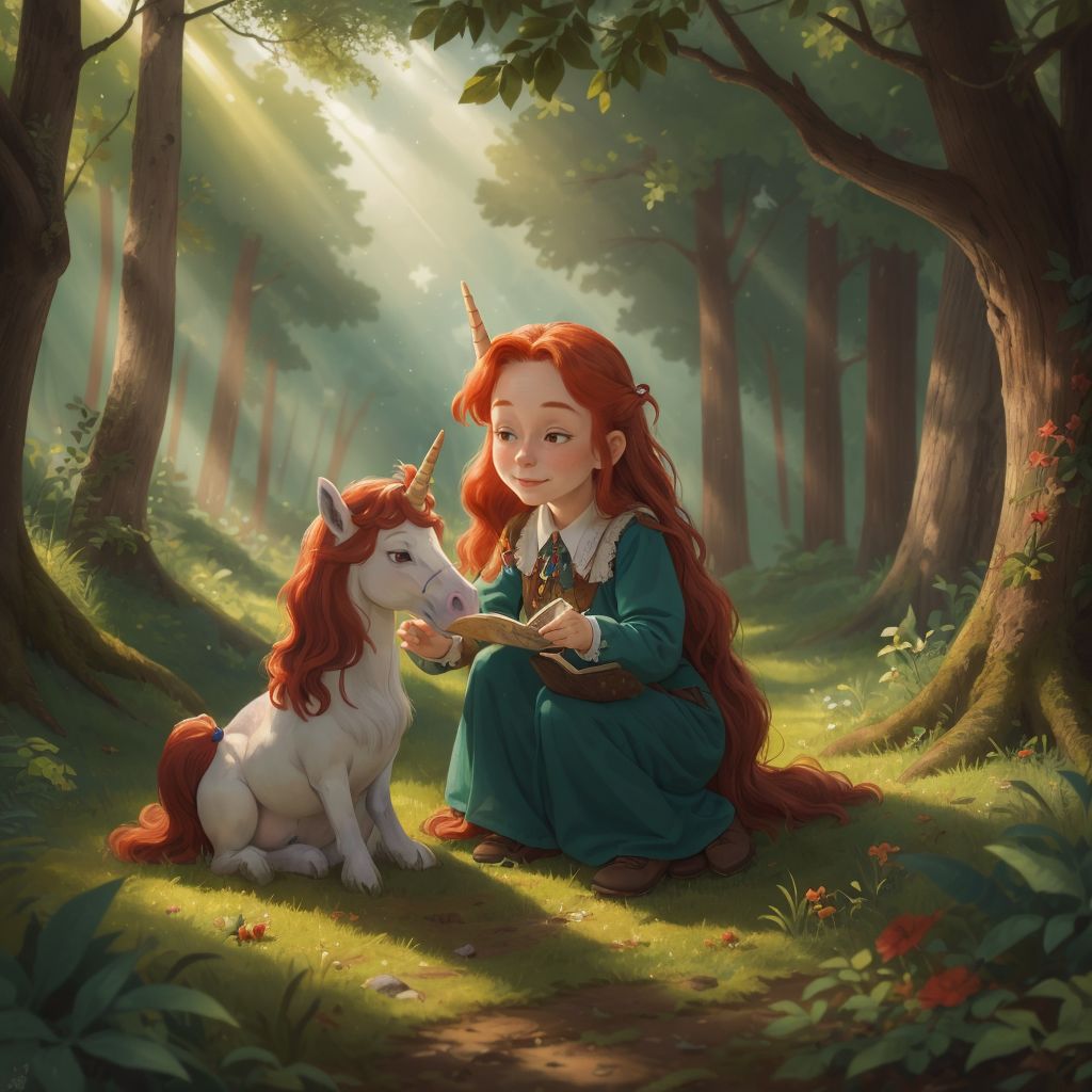 Esmerelda and Ulla the unicorn meeting in a sunlit clearing in the forest.