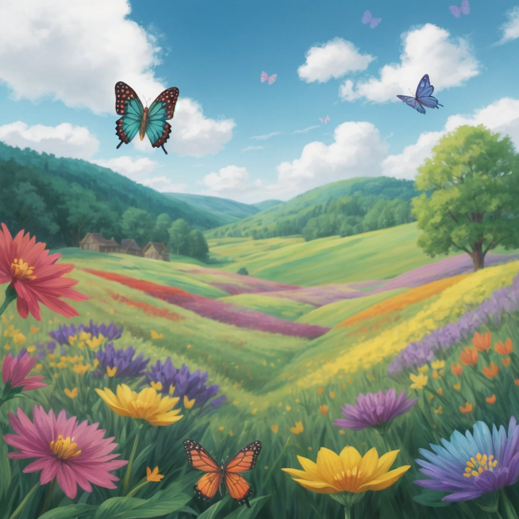 A meadow filled with colorful flowers and fluttering butterflies, no characters shown.