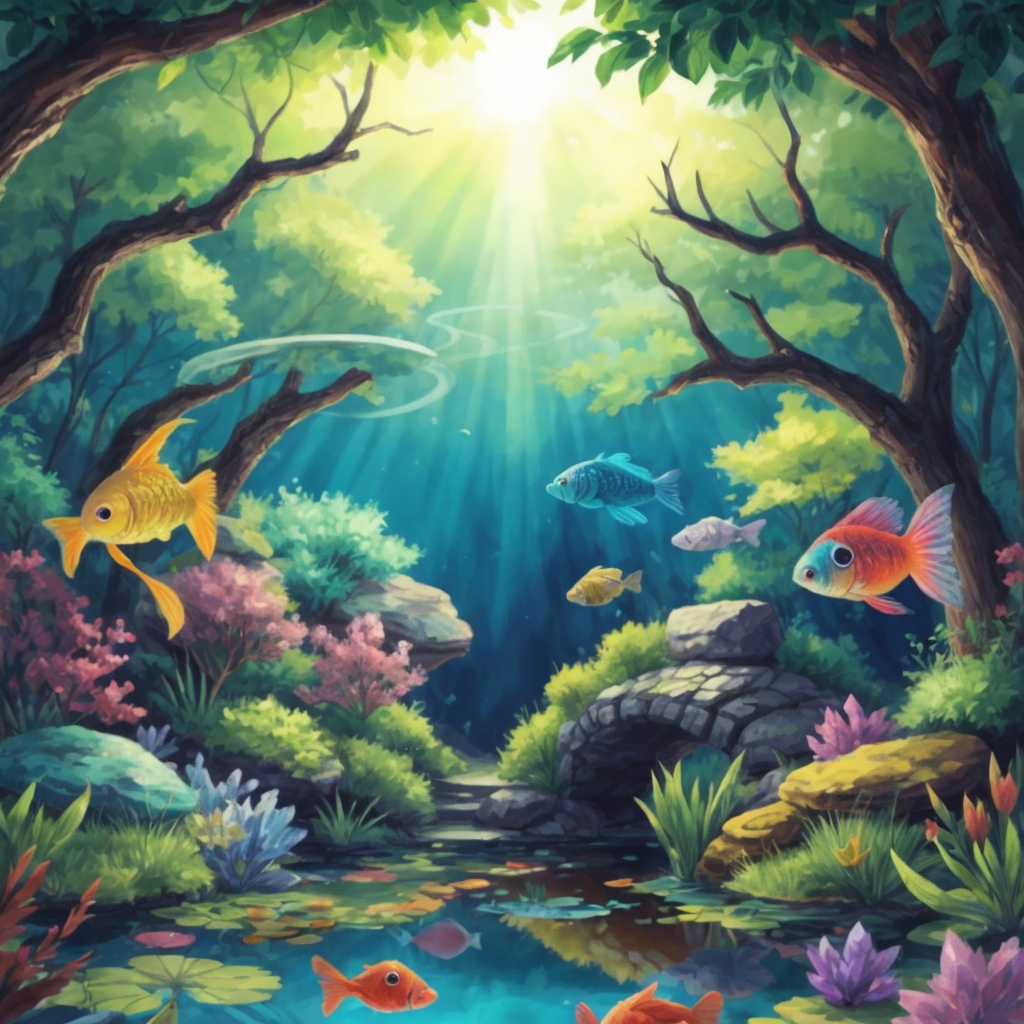 A crystal clear enchanted pond with colorful fish, without characters.