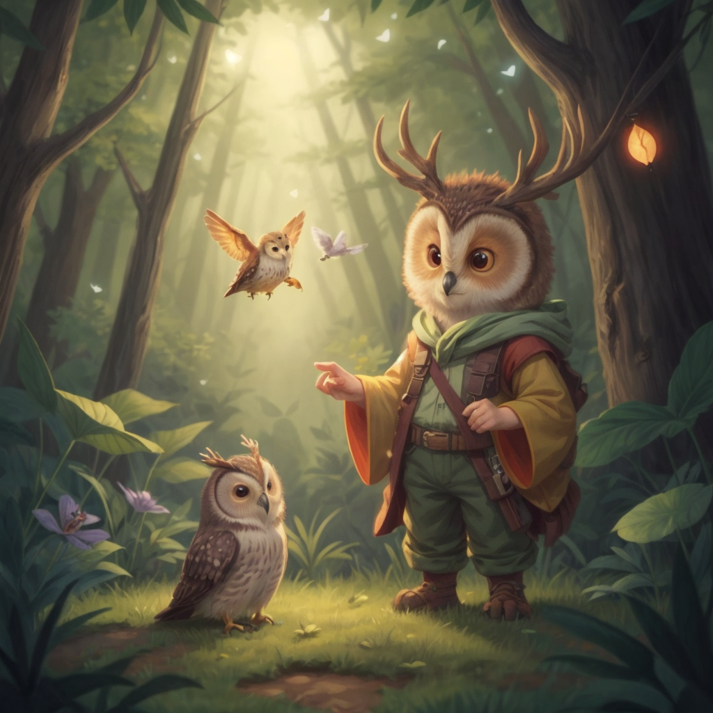 Sparky, with a slight frown of concern, receiving encouragement from a wise old owl and a gentle deer in a serene part of the forest.