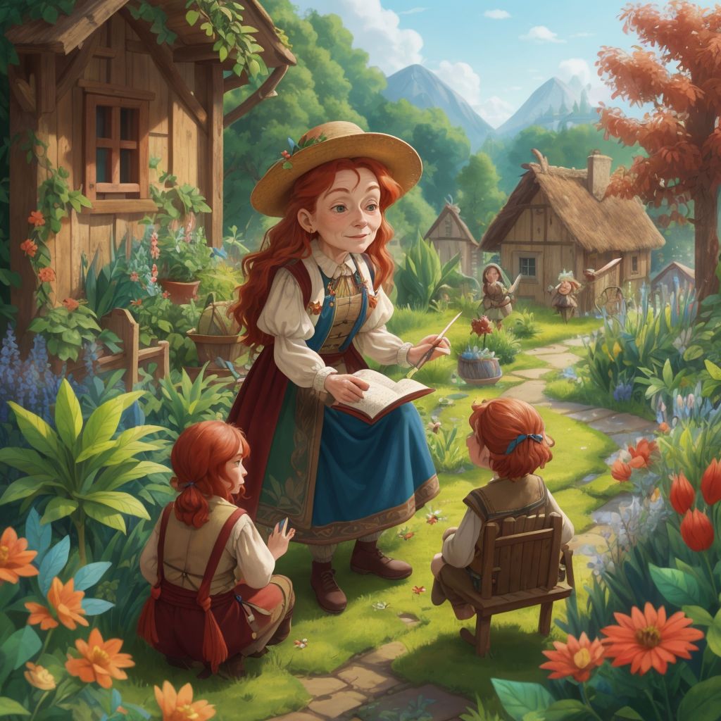 Esmerelda teaching a group of villagers in her garden, surrounded by magical plants and creatures.