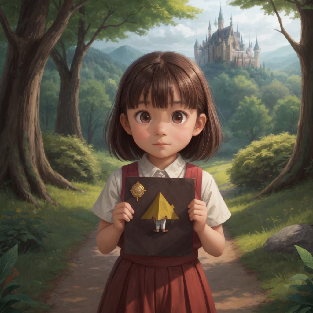 Divine, with a look of excitement and curiosity, holding a mysterious invitation with a faint image of a magical castle and a forest in the background.