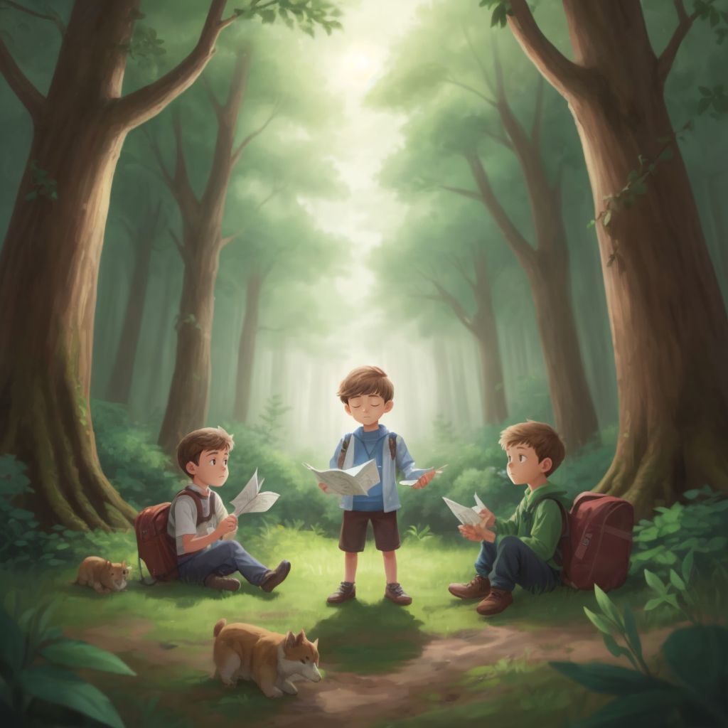 A map with cryptic clues spread out in front of Timmy and his friends in a forest