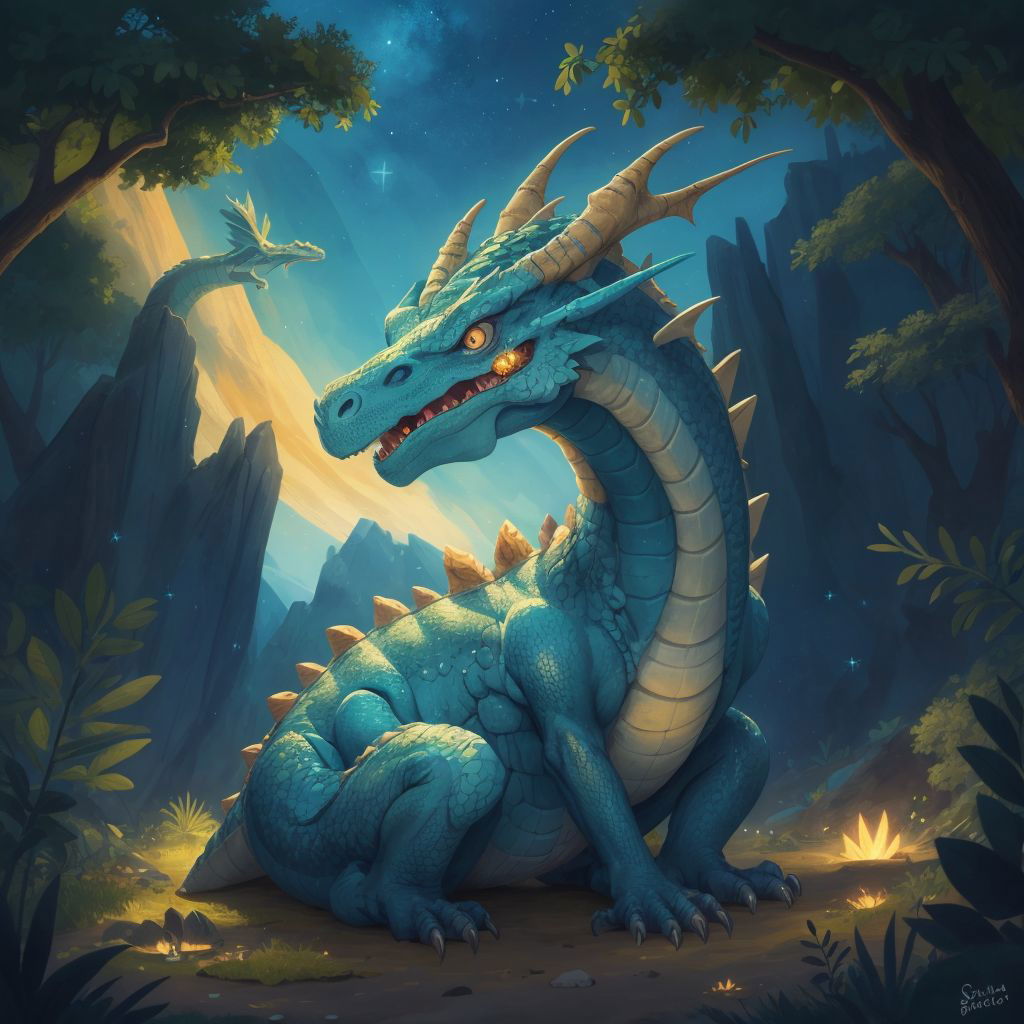 An ancient dragon under the stars, with a wise and gentle look in its eyes