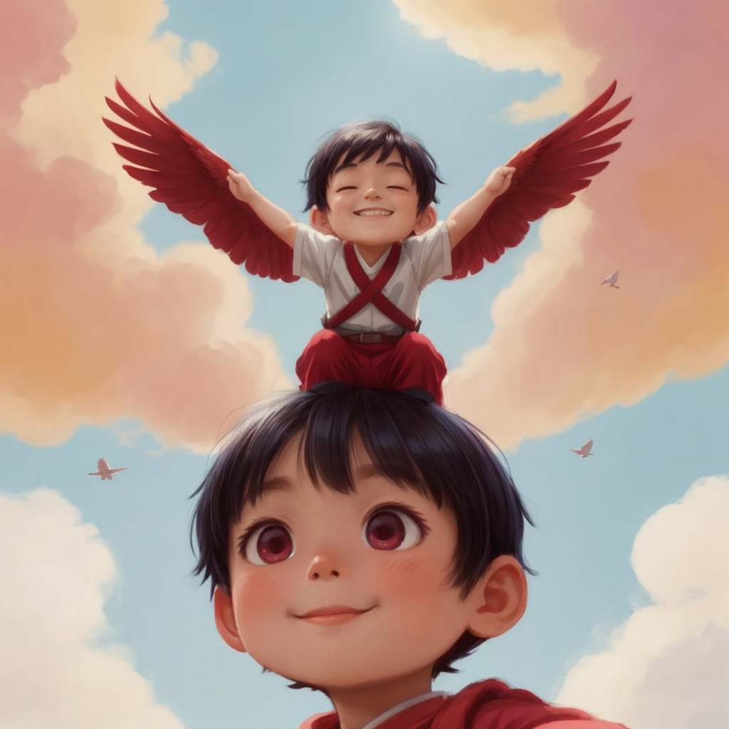 A beautiful red wau flying in the sky with Izzat below, looking up at it with a serene and satisfied smile.