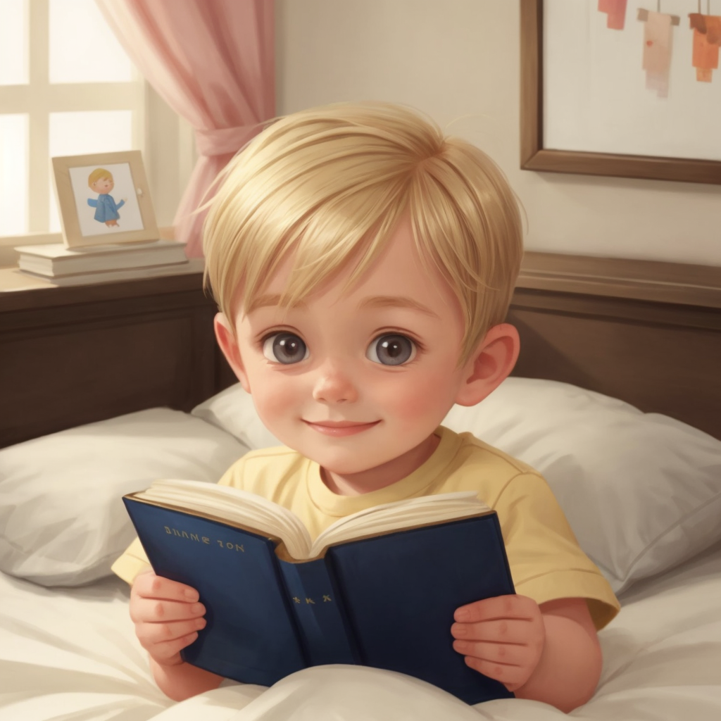 Aron snuggled in bed with a book, a gentle smile on his face as his parents tuck him in.