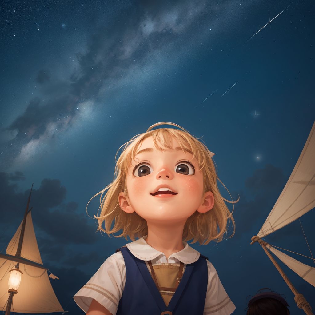 The friends sailing under a starry night sky, Zhenya looking up at the stars with a hopeful expression.