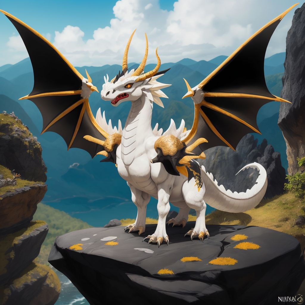 Jatiya, the white dragon with mini horns and black yellow eyes, standing majestically on a rocky terrain of Nusa Tenggara