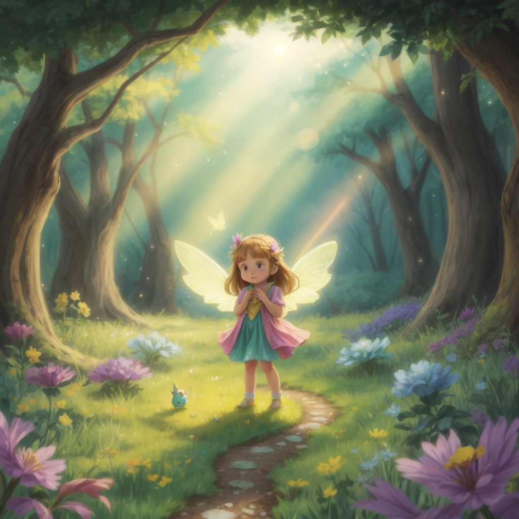 The Enchanted Meadow bathed in sunlight with Felicity dancing joyfully with friends in a bright and colorful dress, leaving a trail of glistening footprints.