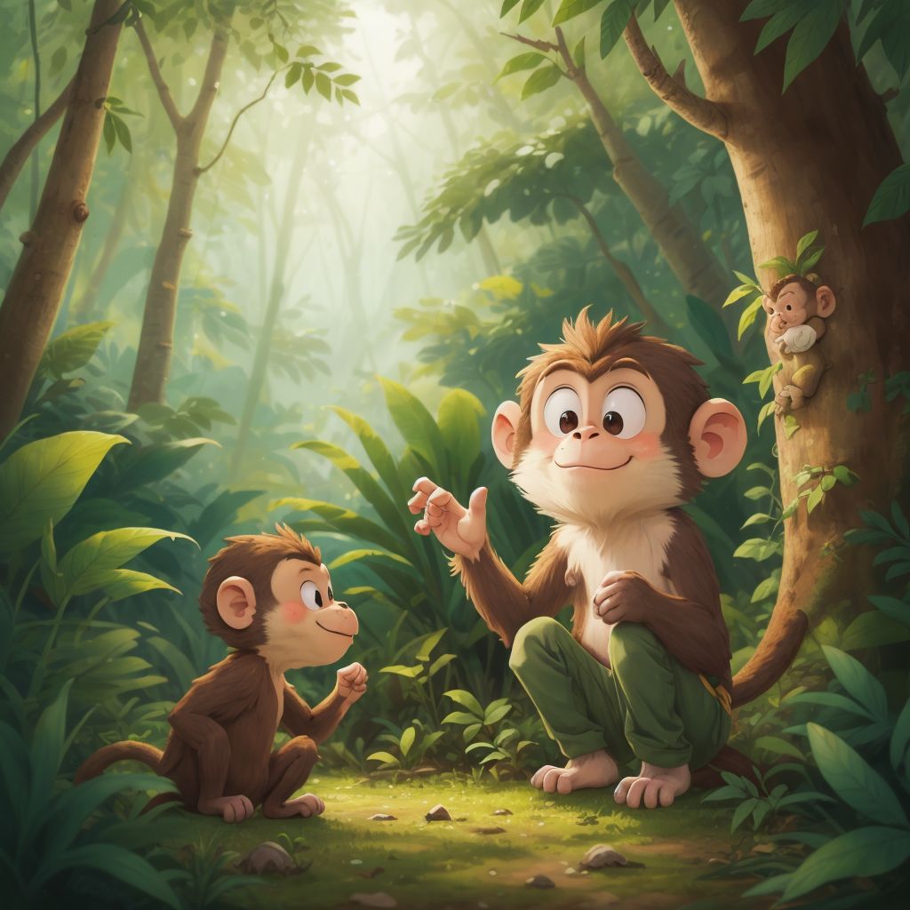 A friendly monkey in the forest gesturing to follow, with a curious Mimi in the background