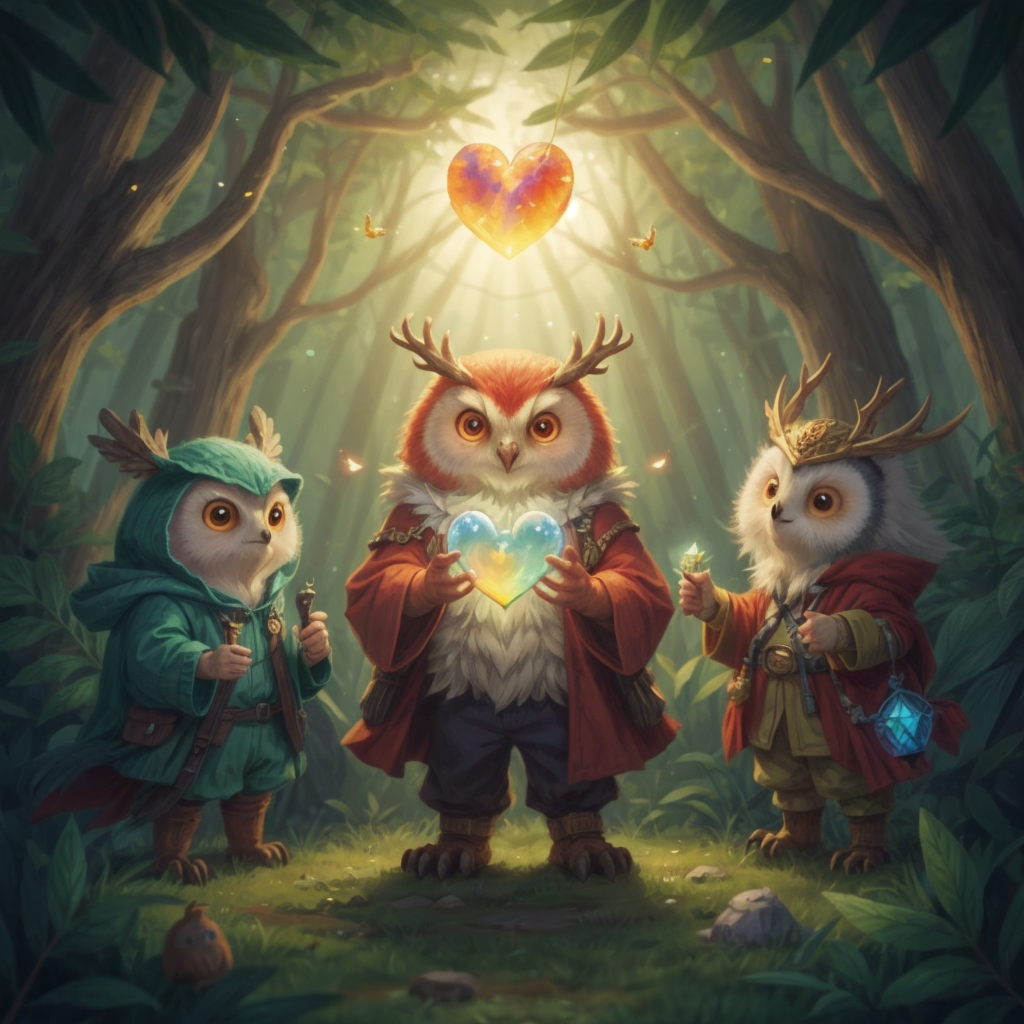 Sparky receiving a radiant crystal from the wise old owl during a festive celebration among the forest creatures.