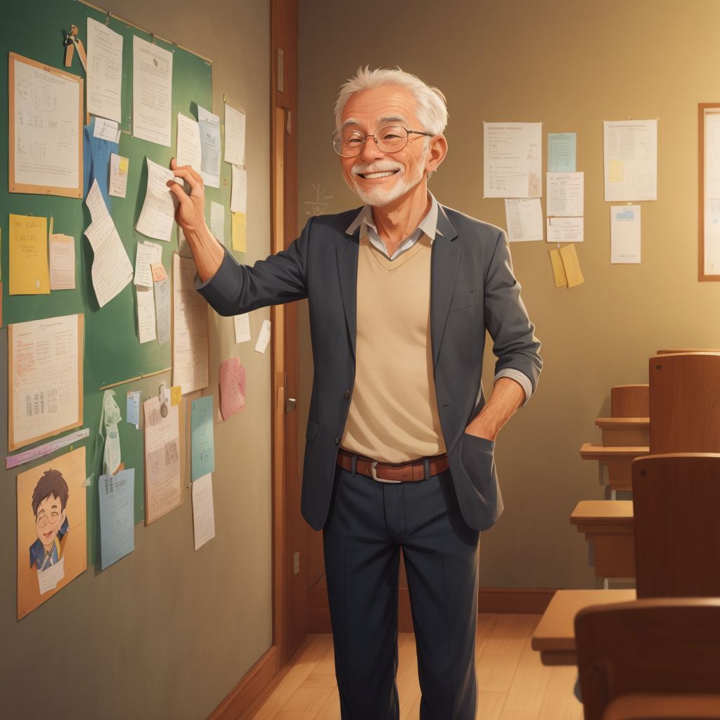 An older Benjamin looking at a wall filled with success stories of students and teachers, a gentle smile of satisfaction on his face.