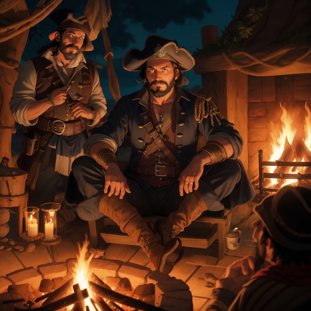 Captain Blackbeard sitting among his crew around the fire, with a look of wisdom and a slight smile, sharing the moral of the story.