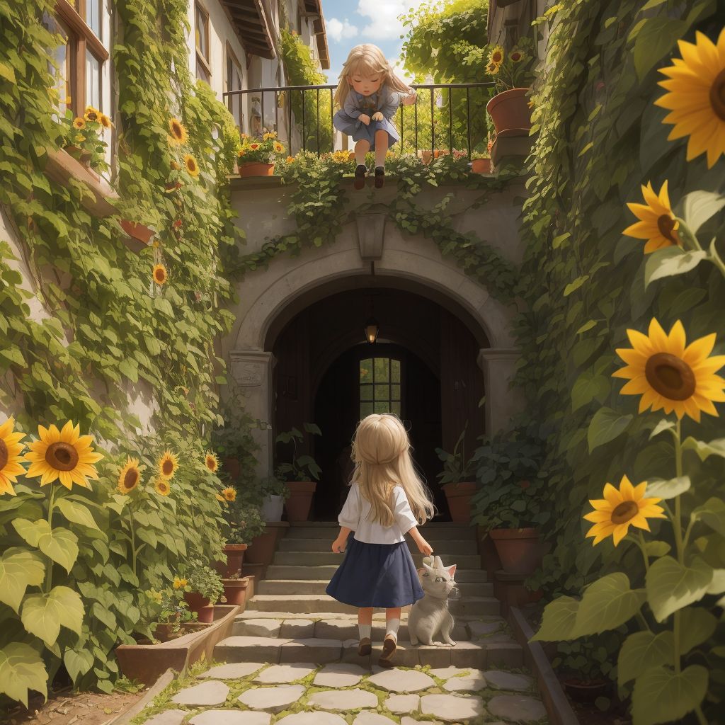 Sundy and Ivy beginning their descent down the sunflower staircase, looking back at the garden