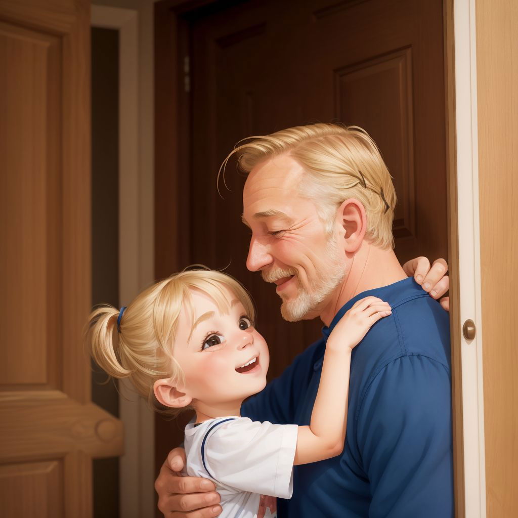 Ivy hugging her dad at the door, with a relieved and happy expression