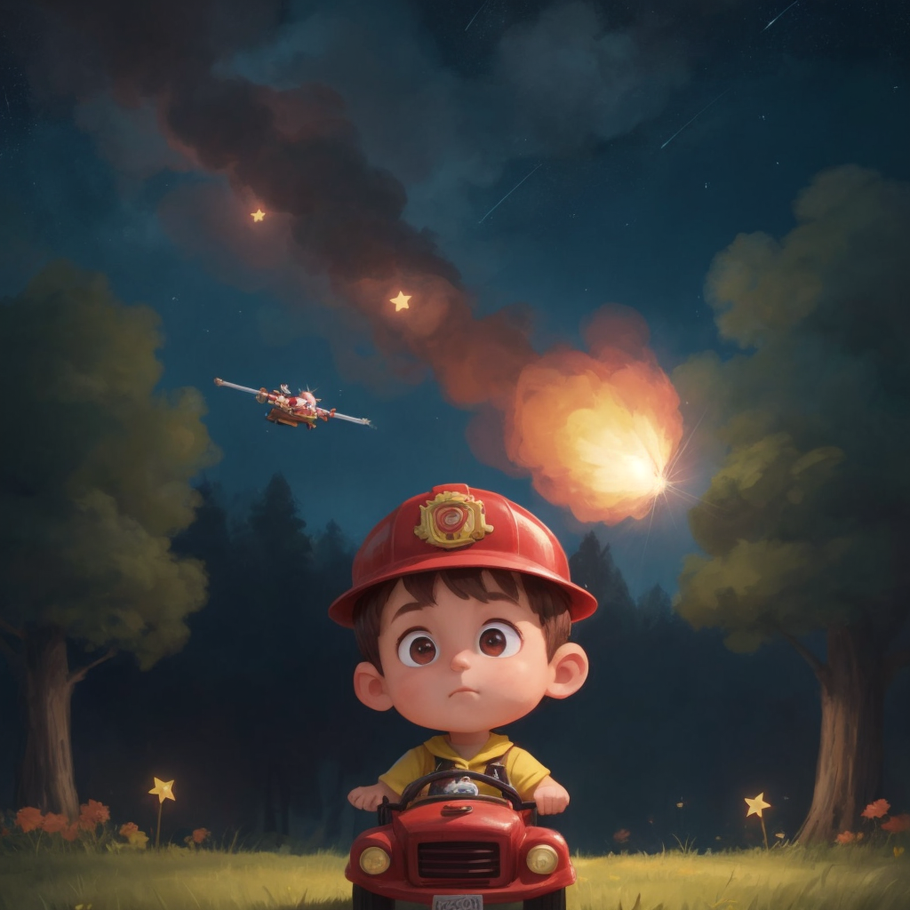 Jax dreaming, wearing a firefighter's hat, flying in a magical fire truck among the stars