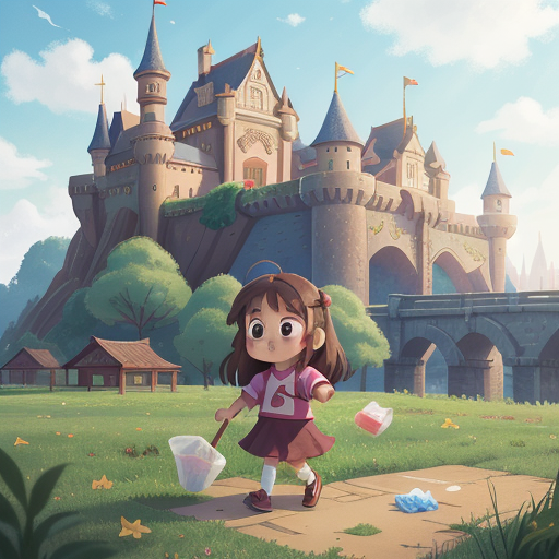 Divine picking up trash with a sense of responsibility, the magical castle in the background slowly fading away.