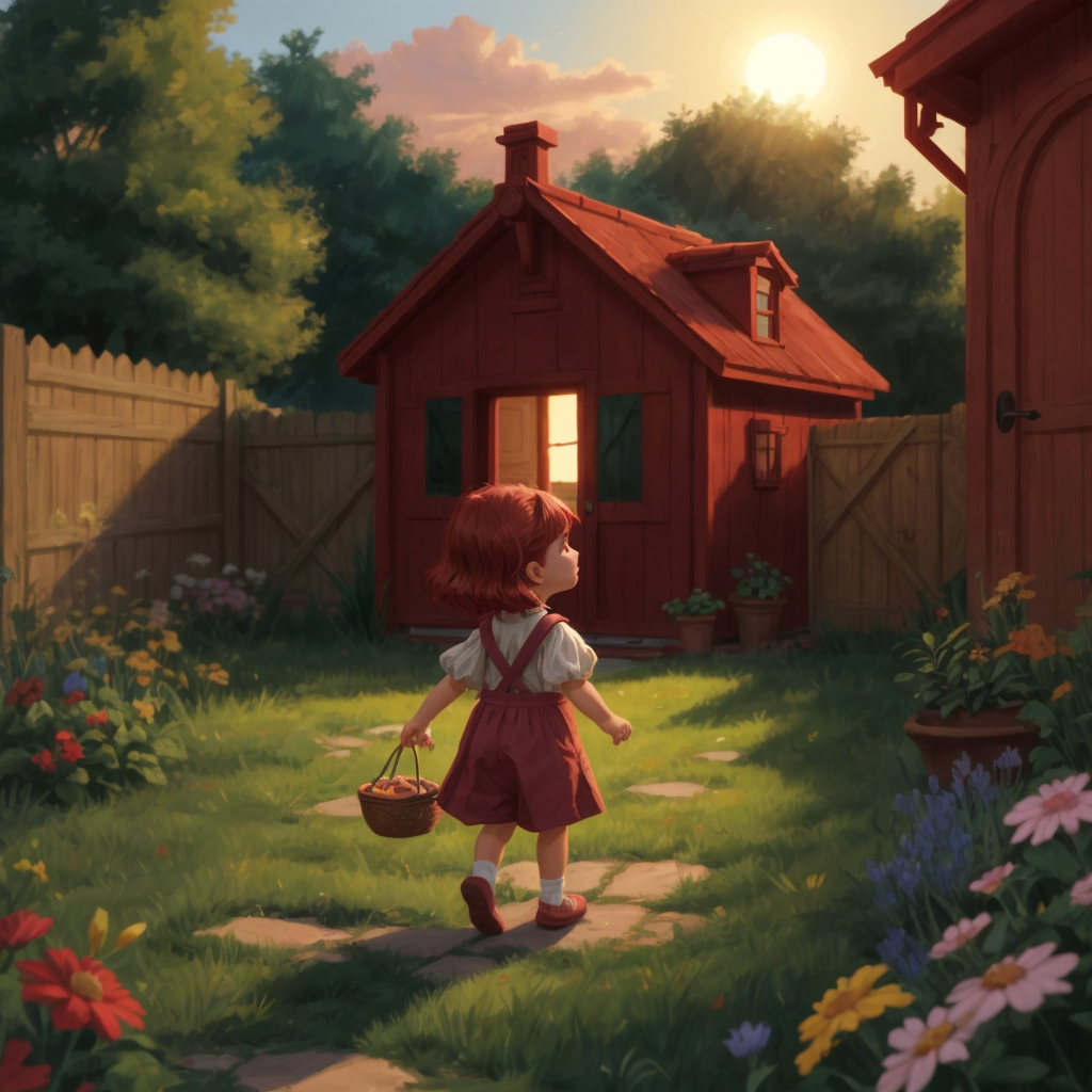 Arwyn stepping back into her backyard with the hidden door slightly ajar and the sun setting.