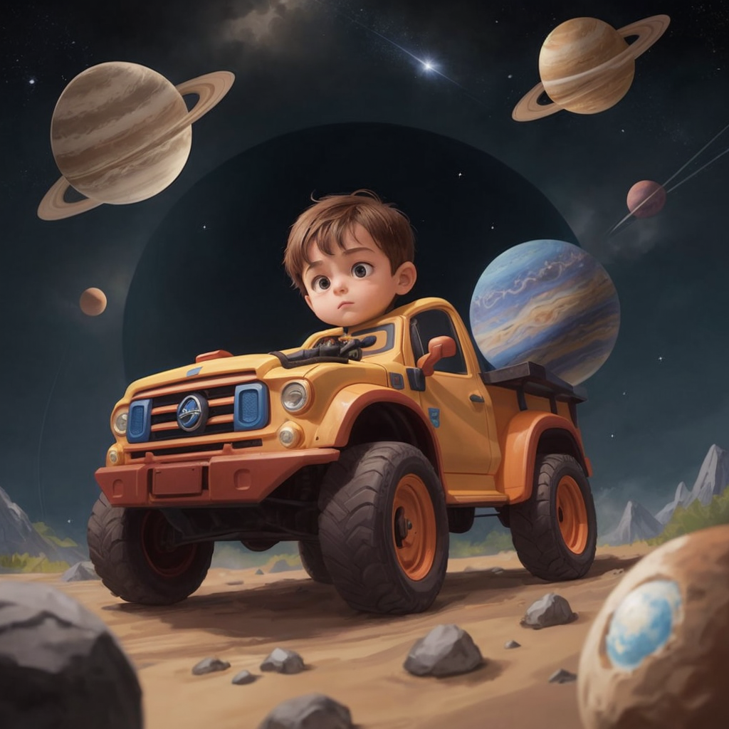 Jax playing with a toy truck, imagining it's a space adventure truck among planets and asteroids