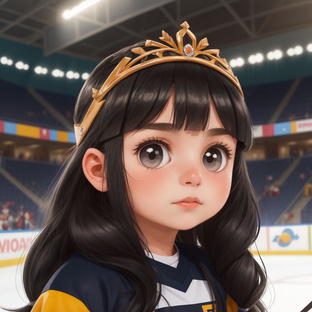 Kiara, wearing her tiara over her hockey helmet, at a hockey game.