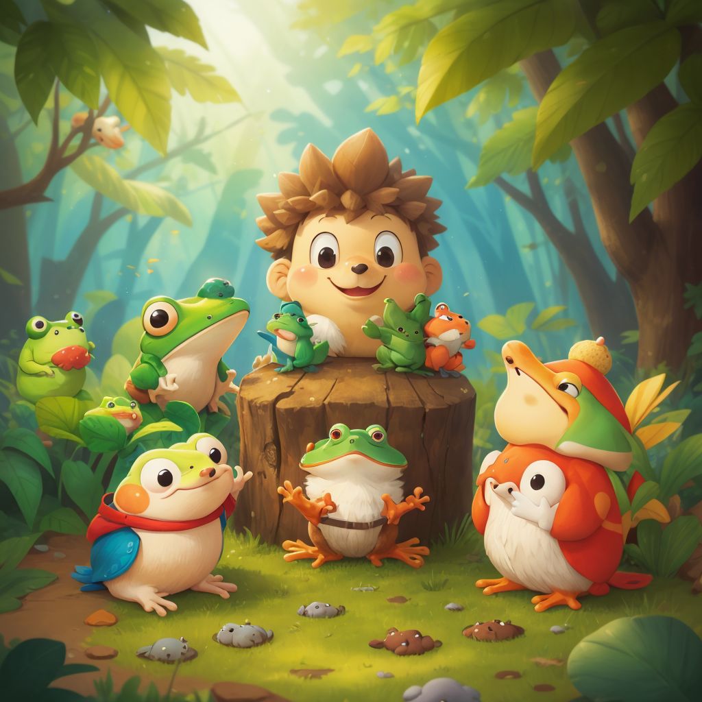 Chip, Frog, and Hedgehog surrounded by animals, celebrating friendship.