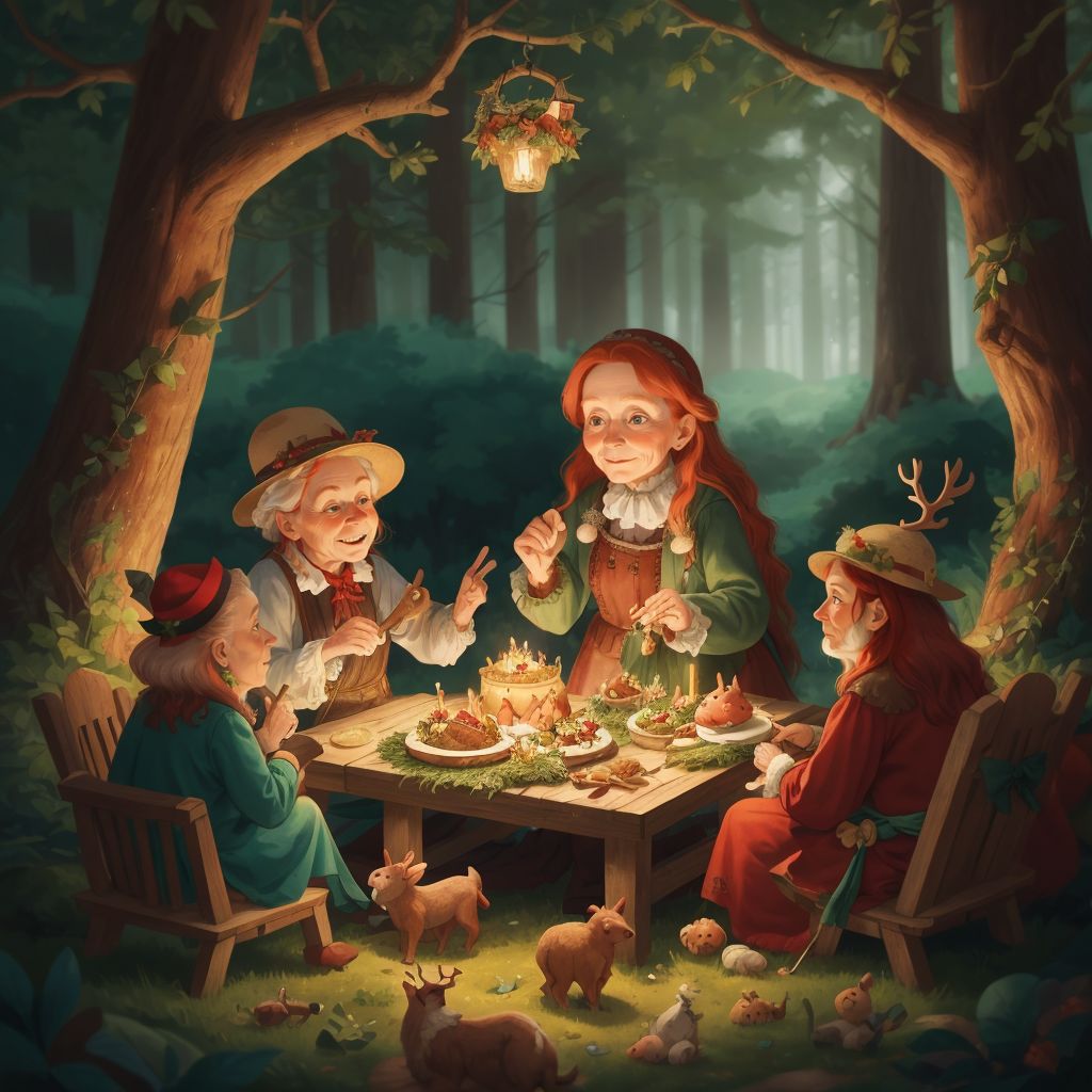 A festive scene in the forest with Esmerelda, Ulla, and various forest creatures celebrating around a feast.